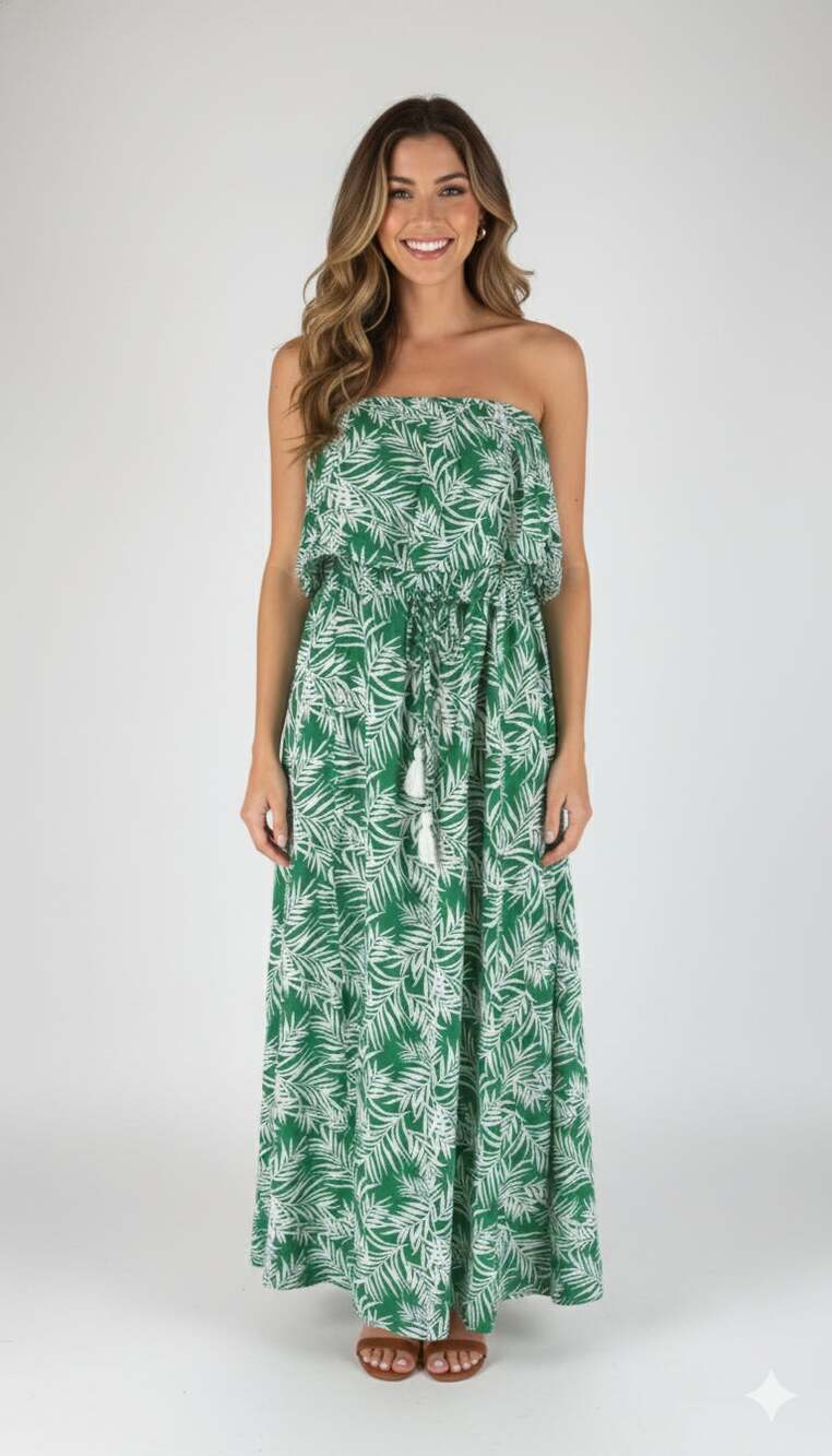Japna Womens Tropical Strapless Maxi Dress Size Medium NWT Green White New